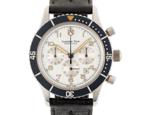 A GENTLEMAN'S SIZE STAINLESS STEEL EXCELSIOR PARK MONTE CARLO CHRONOGRAPH WRIST WATCH CIRCA 1980s, REF. 7740 WITH WHITE DIALM