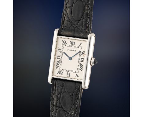 A RARE GENTLEMAN'S SIZE PLATINUM CARTIER PARIS TANK LOUIS MECANIQUE WRIST WATCHCIRCA 1990s, REF. 1601 WITH GUILLOCHE DIAL Mov