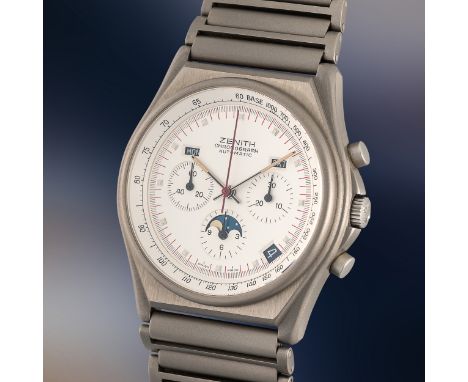 A RARE GENTLEMAN'S SIZE TITANIUM ZENITH PORT ROYAL MOONPHASE TRIPLE CALENDAR AUTOMATIC CHRONOGRAPH BRACELET WATCH CIRCA 1980s