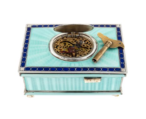A RARE SOLID SILVER & GUILLOCHE ENAMEL MUSICAL SINGING BIRD BOX CIRCA 1930 (SLIDING START/STOP LEVER IS STUCK.) Rectangular s