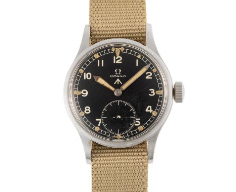 A GENTLEMAN'S STAINLESS STEEL BRITISH MILITARY OMEGA W.W.W. WRIST WATCH CIRCA 1945, PART OF THE "DIRTY DOZEN" Movement: 15J, 