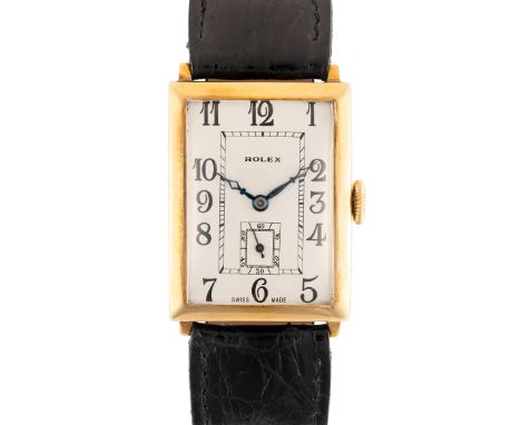 A GENTLEMAN'S LARGE SIZE 9CT SOLID GOLD ROLEX RECTANGULAR WRIST WATCHCIRCA 1933 Movement: 17J, manual wind, signed Rolex, num