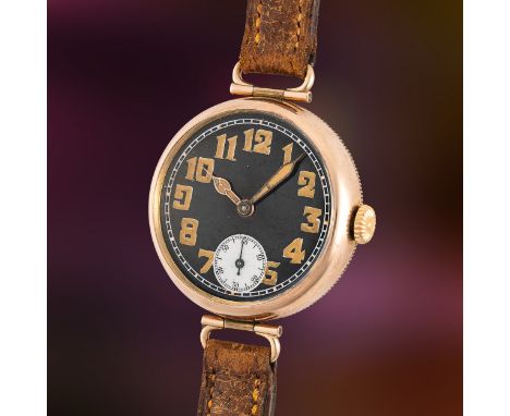 A RARE GENTLEMAN'S SIZE 9CT SOLID GOLD ROLEX OFFICER'S WRIST WATCHCIRCA 1915, BLACK ENAMEL DIAL WITH WHITE SUBSIDIARY SECONDS