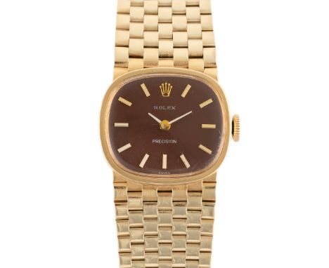 A LADY'S 14K SOLID YELLOW GOLD ROLEX PRECISION BRACELET WATCHCIRCA 1970s WITH BROWN DIAL, ACCOMPANIED BY ROLEX BOX & BOOKLETM
