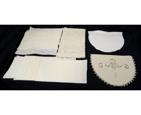  A collection of table linen to include runner, 7 placemats and 8 napkins (1930-35) natural coloured linen, placemats have a 