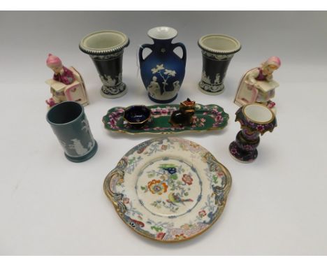 A collection of porcelain, mostly Spode to include vases, pen tray with candle holder, book ends, Chinese plate etc. most in 