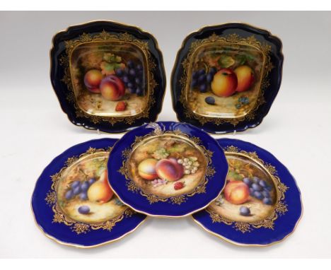 A small collection of Royal Worcester to include; two dessert plates and a sqaure dish, cobalt blue ground, with gilt detaili