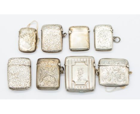 A collection of eight Victorian or later silver vesta cases, various designs including; engraved with foliage or leaves; one 