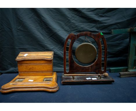 A Victorian mahogany desk tidy/stationary box, table gong, table screen and vintage dolls bed.