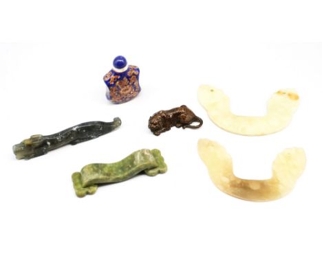 A Japanese small bronze crouched Tiger, approx. 6.3cm long, four Oriental jade type green stone ornaments comprising two simi