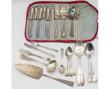 A collection of Continental silver and plated cutlery to include; a pair of German 800 silver table spoons, both marked 800, 