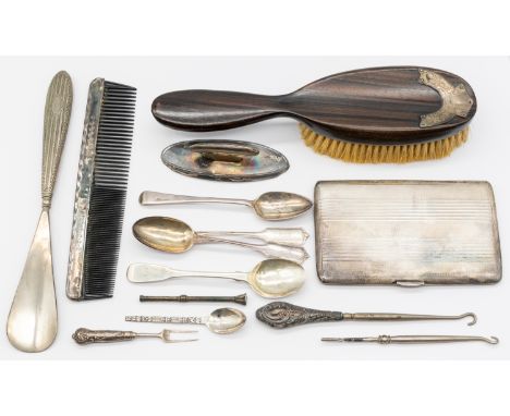 A small collection of silver items to include; a George VI rectangular engine turned Deco cigarette case, having gilt interio