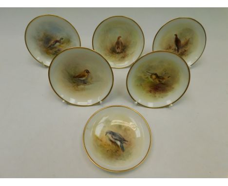 A collection of early 20th Century porcelain Royal Worcester pin dishes (six) with British hand painted birds by Stinton ,con