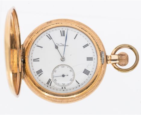 Waltham- a gold plated half hunter pocket watch, comprising a signed white enamel dial, with numeral markers, subsidiary dial
