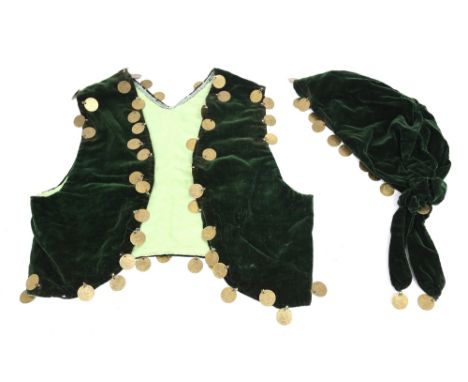  A collection of vintage items to include a bottle green gypsy bodice with decorative buttons (1910) with matching velvet hat