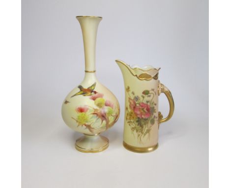 A Royal Worcester blush ivory ground ewer, painted with flowers and gilt highlights, shape 1229. along with a Grainger’s Worc