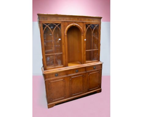 Hunters of Derby Georgian style display unit with arched central display, two glazed display areas either side above three dr