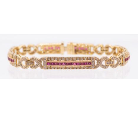 A ruby and diamond 18ct gold bracelet, comprising elongated panels, each set to the centre with a row of forty-three calibre 
