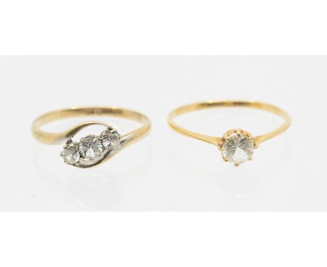 Two synthetic spinel stone set gold rings, including a solitaire, size R, unmarked possibly 18ct gold, total gross weight app