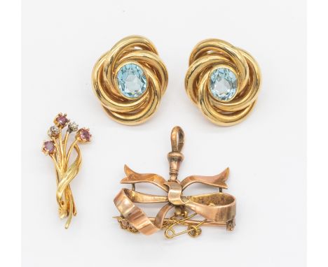 A pair of blue topaz and 9ct gold oval knot earrings, comprising a oval mixed cut topaz, within a rope border, length approx 