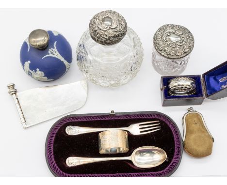 A collection of silver items to include; a Birmingham hallmarked silver topped globular cut glass scent bottle, approx. 13cm 