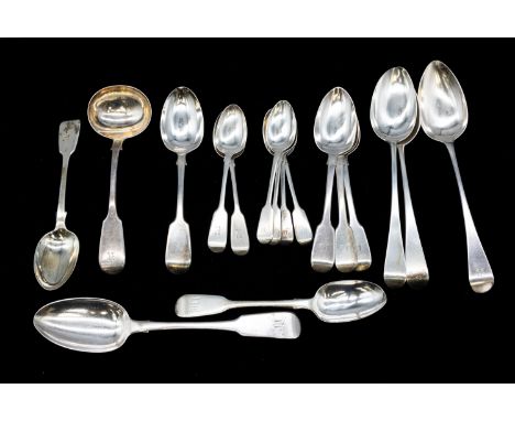 A collection of mixed late 18th or 19th century flatware to include; a pair of George III silver table spoons, both initialle