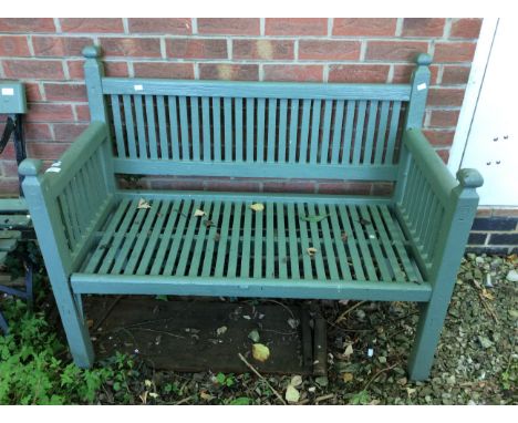 Contemporary wooden slat garden bench in olive green.