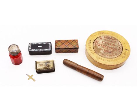 A mixed lot to include; a treen Fagan's universal linen stretcher ring; a small 19th century tartan ware wooden snuff box; a 