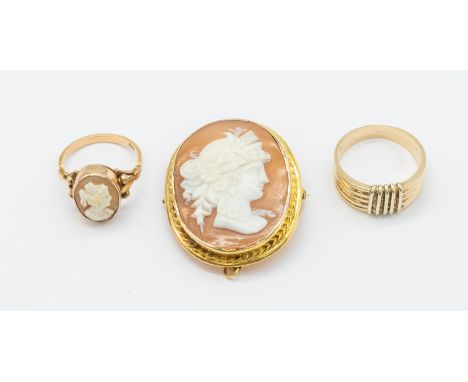 A 9ct gold cameo set ring, width approx 15mm, fancy shoulders, size O1/2, along with 9ct gold dress ring, width approx 10mm, 