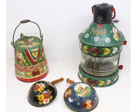 A vintage ship lantern, painted in floral design, together with a pair of similarly painted pans and bargeware watering can. 