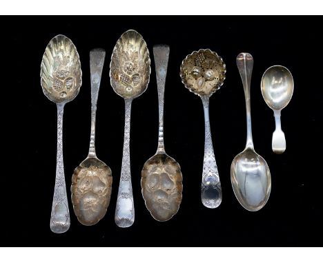A collection of 18th or 19th century mixed flatware to include; a George II silver Hanoverian patterned dessert spoon, initia