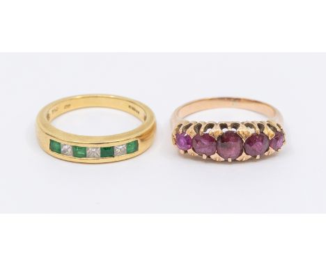 An emerald and diamond half eternity ring, set with alternate princess cut diamonds and calibre cut emeralds, width approx 4m