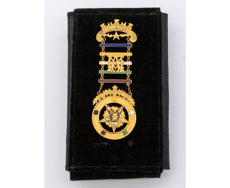 Masonic Interest- a  9ct gold masonic medallion enamel, marked Herbertshire 194, monogramed to front MA, inscription to rever