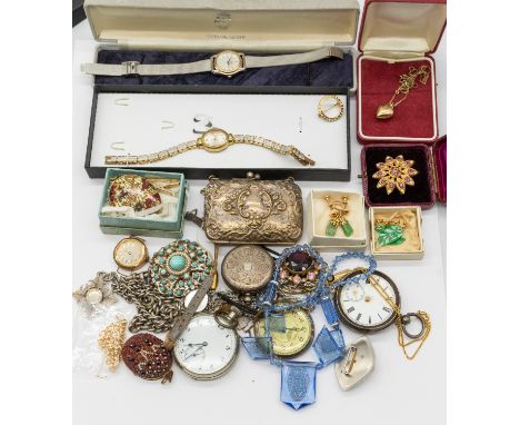 A collection of costume jewellery to include two silver cased pocket watches along with other plated versions a/f some damage