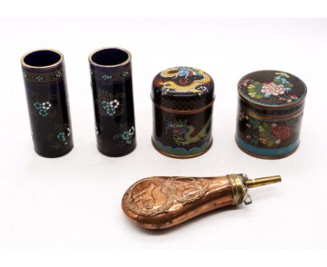 Two early 20th Century Chinese/Japanese cloisonne pots with lids, a pair of early 20th Century posie vases and a copper powde