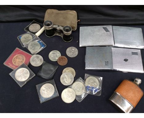 Commemorative coins, theatre glasses and vintage cigarette cases.