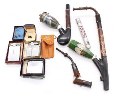  Collection of smoking ephemera to include continental pipes and a collection of vintage boxed cigarette lighters.