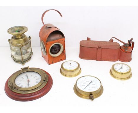 A red Bamfords cast iron tractor toolbox; together with BB&amp;EA lamp, a small collection of clocks and similar; and brass b