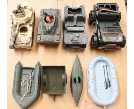  Action Man: A collection of eight Action Man unboxed vehicles to include: Jeep, Tank, Trailer, Boat and more. Used condition
