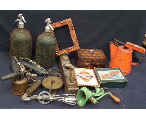 A box of various collectables to included; 2x early 20th century carpenters planes, various toy games & various kitchenalia 