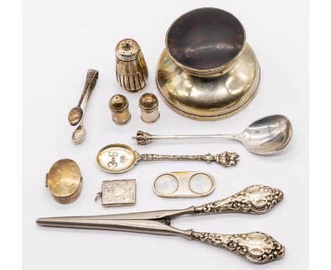 A collection of silver items to include; a George V silver inkwell, of stylish circular shape with faux tortoiseshell topped 