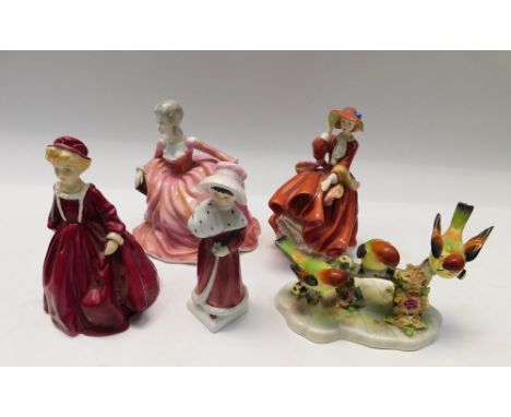 A group of figures to include Royal Doulton 'Top of the hill' & 'Sophie' , together with a Royal Doulton Bird group ' Chicade