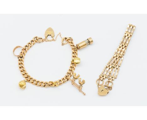 A 9ct gold charm bracelet, comprising a textured link Albert chain, width approx 6mm, length approx 19cm, padlock clasp, susp