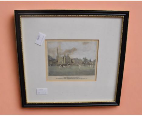 A 19th Century oak wall barometer, a framed plaque and an etching.