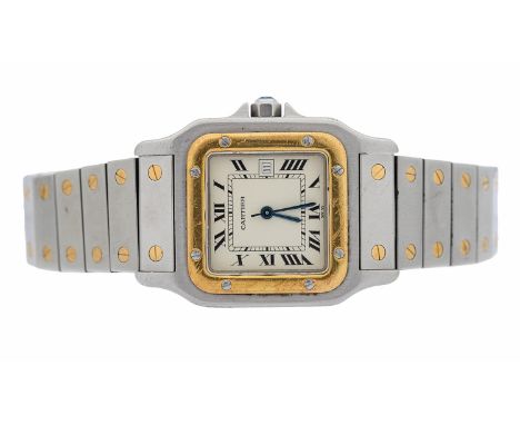 A Cartier- a Gentleman's vintage  'Santos Carre' steel and gold cased automatic wristwatch, comprising a square dial with Rom