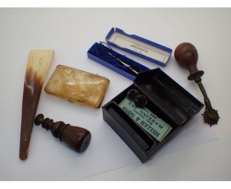 Wax seal vintage ink stamp horn show horn and cigarette box a tortoise shell box and Eversharp pencil 