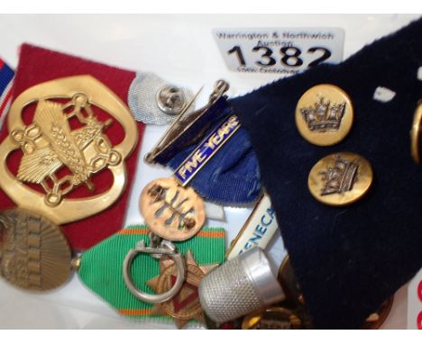 Box of enamel badges etc