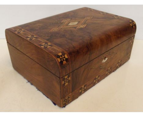Victorian walnut Tunbridge box, marquetry and mother of pearl inlaid, later relined, height 14cm, width 30cm , depth 23cm 892