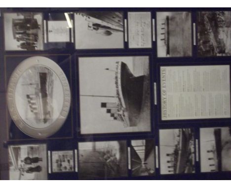 Framed print commemorating RMS Titanic, depicting the ship, SOS telegram, menu, figures and history of events in various aper