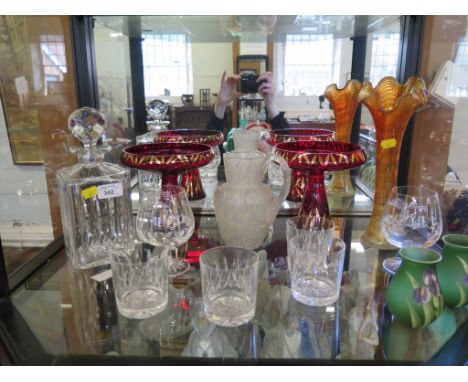 An Edinburgh crystal whiskey decanter and four tumblers etched with golfers and a matching pair of brandy glasses, various ot